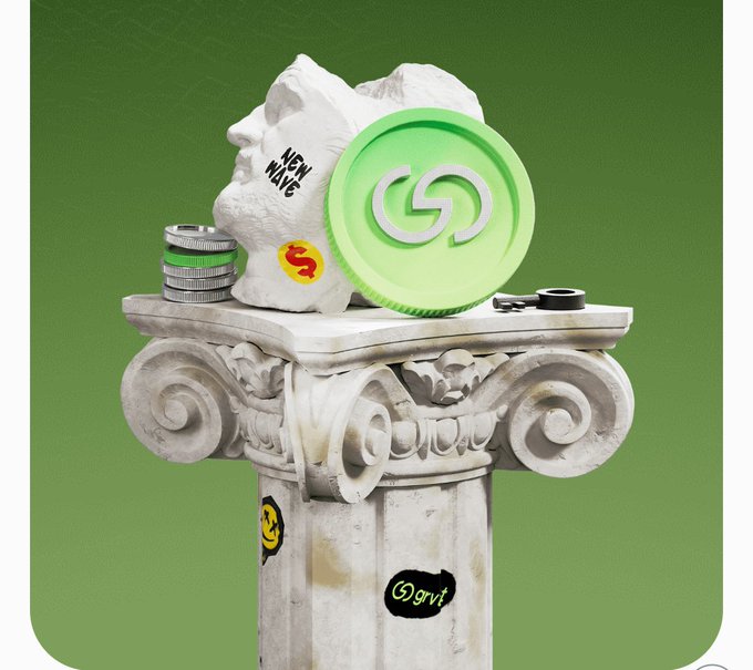 A stylized green-and-white illustration depicts a large $GRVT token, stacks of coins, and a classical column with stickers including “NEW MATE” and “Grvt.”
