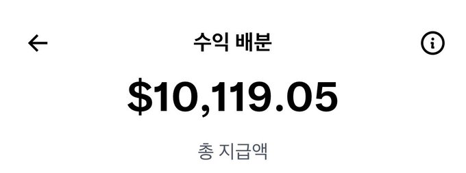 A screenshot showing a Korean currency conversion screen displaying '$10,119.05' with '수익 배분' (Profit Distribution) at the top and '총 지급액' (Total Payment Amount) below.