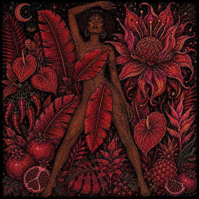 A richly detailed, dark-toned illustration of a woman surrounded by lush red tropical foliage, large flowers, and pomegranates, set against a starry night sky with a crescent moon.