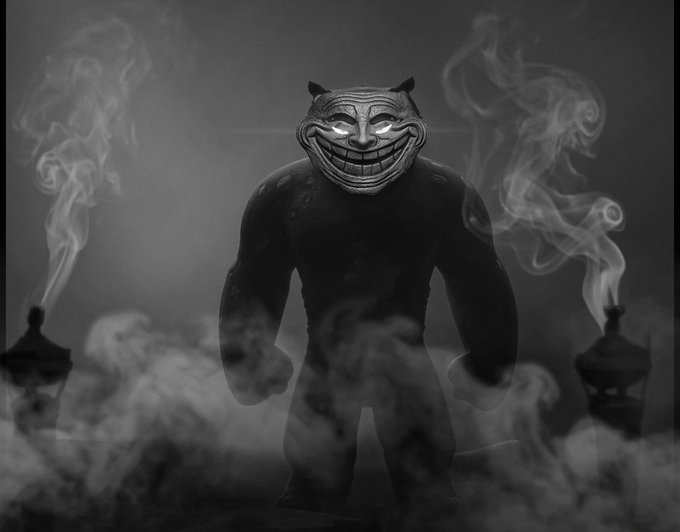 A troll-like creature wearing a wide, menacing grin mask stands surrounded by swirling smoke and shadowy lanterns in a black-and-white image. The eerie, grin-faced figure visually embodies the reckless, self-aware chaos of a trader repeatedly chasing "one last trade" on the $TROLL ticker.