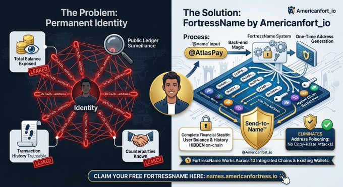 An infographic titled 'The Problem: Permanent Identity' and 'The Solution: FortressName by Americanfort_io' explains a process using @AtlasPay to eliminate address poisoning and copy-paste attacks by generating one-time addresses.