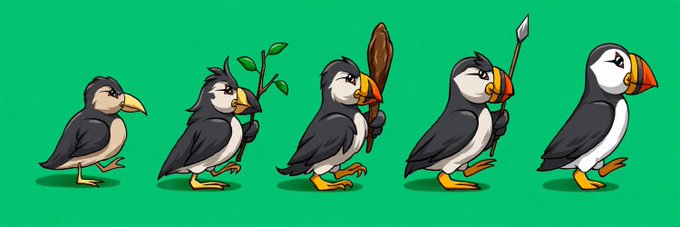 Five cartoon puffin birds walking in a row from left to right against a green background, shown in various poses including one with a leaf, one with a paddle, and one with a spear, illustrating a sequential progression.