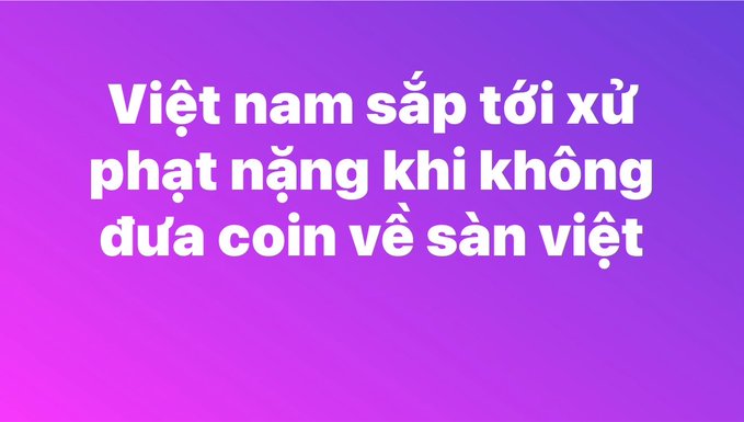 A purple gradient graphic displays Vietnamese text reading 'Việt nam sắp tới xử phạt nặng khi không đưa coin về sàn việt' (Vietnam will soon heavily penalize failure to bring coins back to Vietnamese exchanges).
