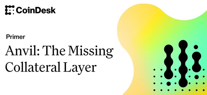 CoinDesk article header titled 'Anvil: The Missing Collateral Layer' categorized under 'Primer,' featuring a green and yellow gradient graphic with black abstract shapes.