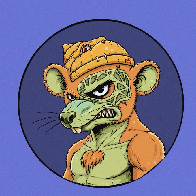 A circular illustration on a blue background depicts an angry anthropomorphic bear wearing an orange beanie, with green textured skin on one side of its face and sharp teeth bared.