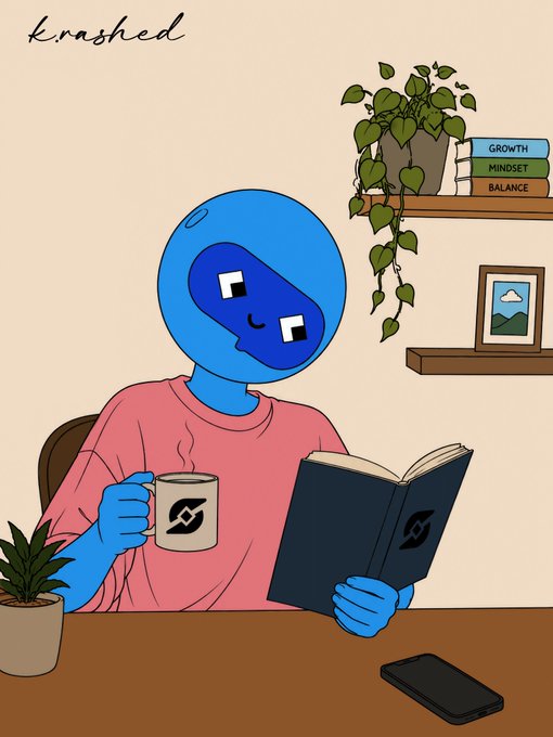 A cartoon illustration of a blue character with an '@' symbol on its face reading a book and holding a mug, with 'krashed' written in the top left and books labeled 'GROWTH', 'MINDSET', and 'BALANCE' on a shelf.