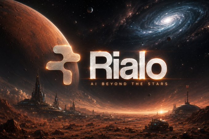 A sci-fi promotional graphic shows the 'Rialo' logo with the tagline 'AI BEYOND THE STARS' against a cosmic backdrop featuring a large planet, a spiral galaxy, and futuristic structures on an alien landscape.