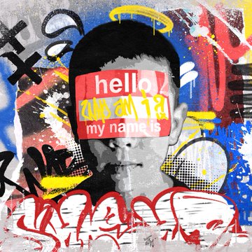A street art-style portrait of a man with a red name tag reading 'hello, my name is' covering his eyes, set against a background of colorful graffiti and splatter paint.