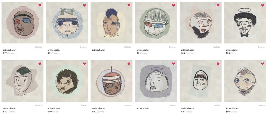A marketplace grid displaying twelve hand-drawn NFT artworks labeled 'artincubator' with prices ranging from $9 to $50, each with a favorite heart icon and delete option.