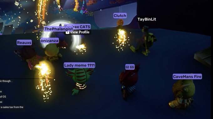 A Roblox game screenshot showing multiple avatars with usernames including 'Clutch', 'TayBinLit', 'ThePhalangist', 'Lady meme 1111', and 'CaveMans Fire' gathered around glowing items in a dark environment.