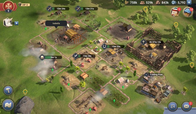 A screenshot of a mobile strategy game shows a village base with various buildings under construction, displaying timers like "13m 24s" and resources such as "758k", "529k", and "843k" at the top.