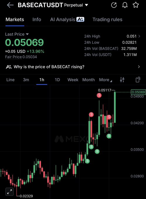 A MEXC trading chart for BASECATUSDT showing a last price of 0.05069, up 13.96%, with 24h high of 0.051 and low of 0.02821.