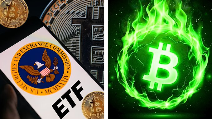 A split graphic shows a hand holding a smartphone displaying the U.S. Securities and Exchange Commission (SEC) seal with 'ETF' written below it next to gold Bitcoin coins, paired with a glowing green Bitcoin symbol surrounded by green flames on the right.