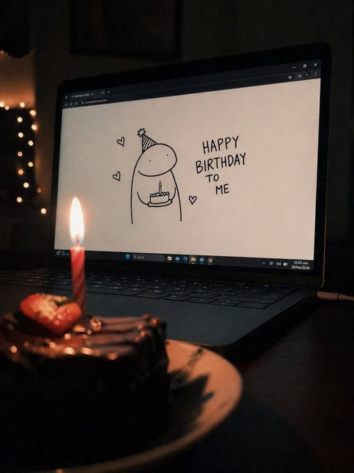 A chocolate birthday cake with a single lit candle sits in front of a laptop displaying a hand-drawn illustration and the text 'HAPPY BIRTHDAY TO ME'.
