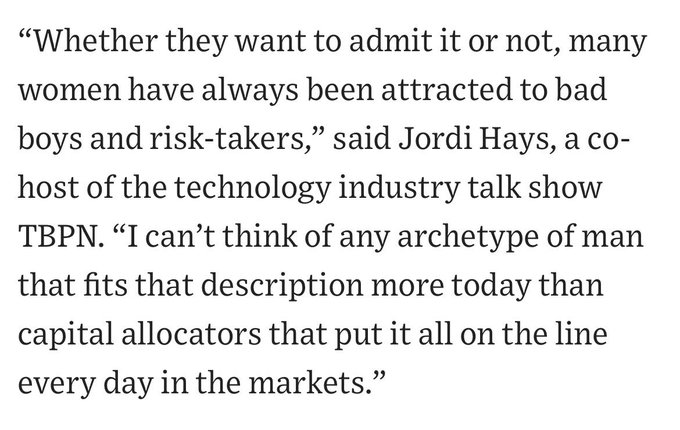 A pull quote from Jordi Hays on TBPN arguing that women are attracted to men who take risks like capital allocators, contrasting with the post's skepticism that modern traders are genuinely risk-takers or merely acting out of desperation.