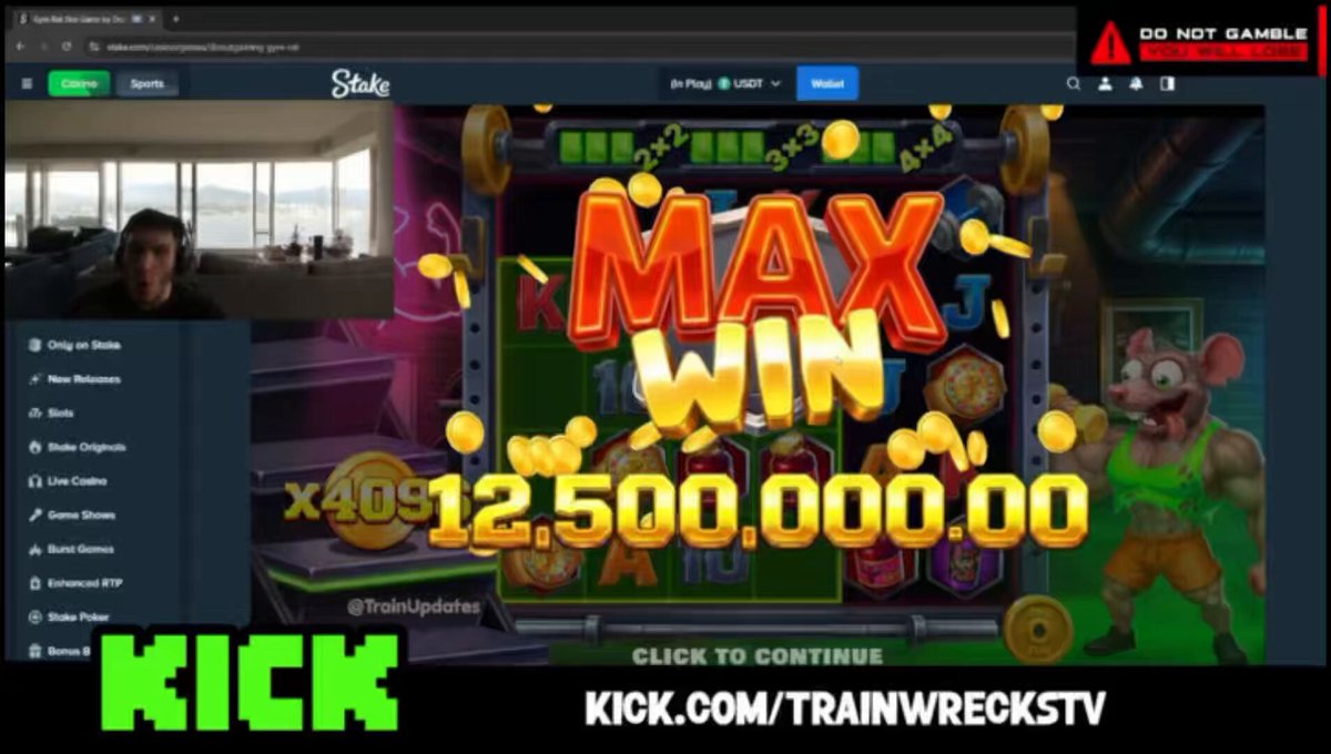 The image features a man sitting in front of a computer screen with a gaming logo displayed at the top that says "MAX WIN". The man appears to be playing a game or streaming his gameplay, possibly related to the game being played on Stake Gym Rat. The text "KICK.COM/TRAINwreckTV" is also present in the image.