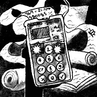 A black and white illustration of a calculator-like device with the text '36A - 21.77' and '5,000,85' at the top, displaying numbers like 212, 278, and 57.