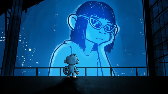 An animated scene showing a small monkey character looking up at a giant blue holographic projection of a girl with glasses against a city skyline backdrop.