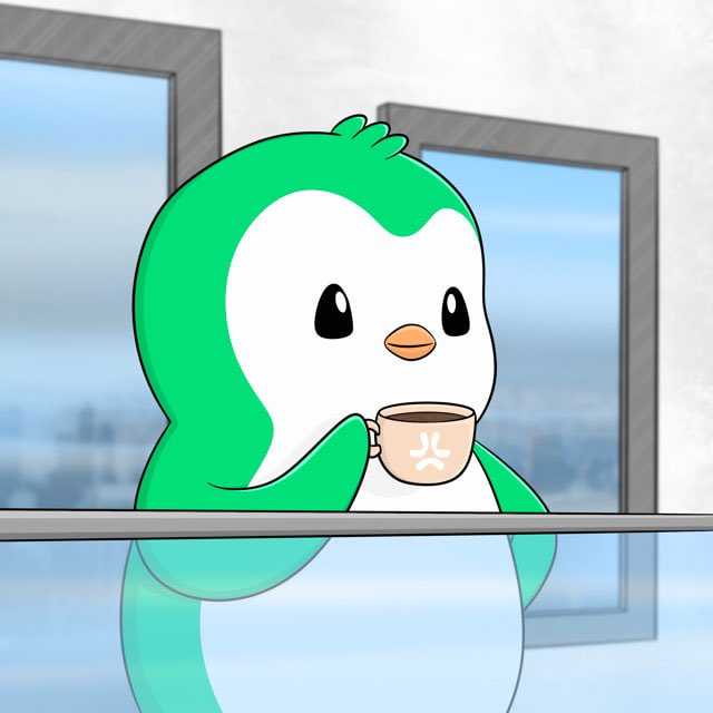 A green and white penguin-like cartoon character holds a small mug with a logo, standing in front of large windows with a city view in the background.