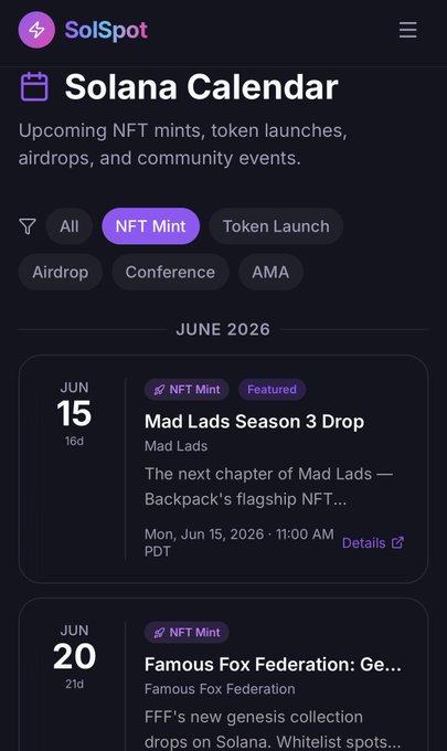 The image shows a phone screen displaying a calendar page from Solspot. The calendar has a purple background with white text that reads "solspot" at the top, followed by a list of dates and events such as "June 2016", "NFT Mint", "Airdrop", and "Airdrops". There is also an air drop section on the calendar. The post mentions that this new section contains mint dates, events, and airdrops, which are all related to Solspot's calendar feature.