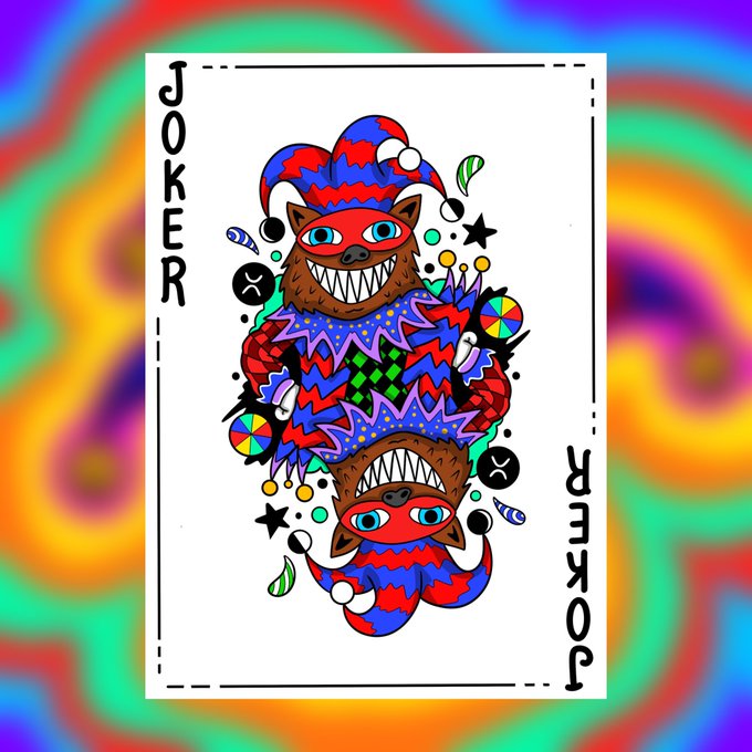 A vibrant, psychedelic Joker playing card design featuring two grinning dogs dressed in colorful jester outfits with jagged smiles, set against a rainbow swirled background.