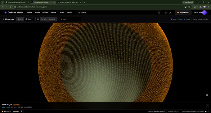 A dark webpage interface shows a large, textured orange and green circular digital artwork titled 'Block #52,141' with a price of '888,288.25'.