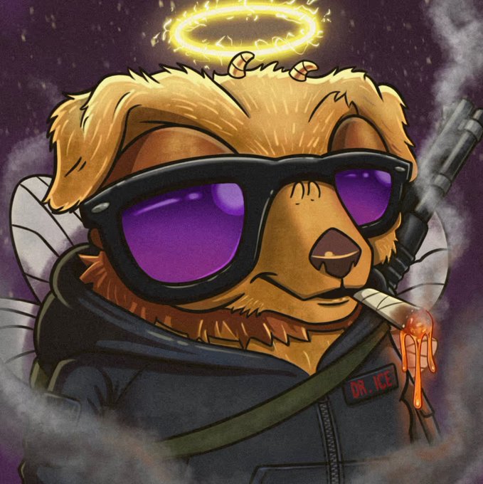 A digital illustration of a brown dog character wearing large purple sunglasses, a glowing yellow halo, smoking a joint, and wearing a jacket labeled "DR. ICE."