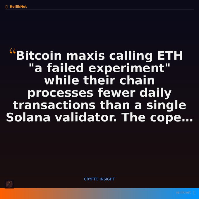 The image features a quote from someone about Bitcoin, which reads "Bitcoin maxis callingETH 'a failed experiment' while their chain processes fewer daily transactions than a single Solana validator. The cope is deafening." This quote seems to be related to the content of the image and the post on Crypto Insight.