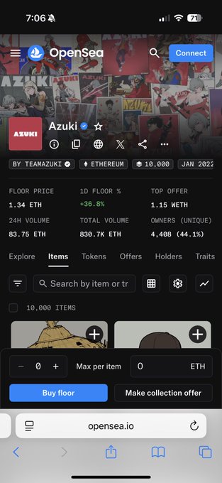 A mobile screenshot of OpenSea displaying the 'Azuki' collection page by TeamAzuki on Ethereum, showing a floor price of 1.34 ETH and 10,000 items.