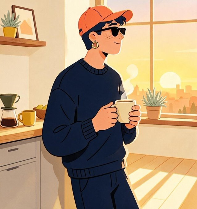 An illustrated image shows a young man in an orange cap, sunglasses, and dark blue sweater holding a steaming white mug in a sunlit kitchen.