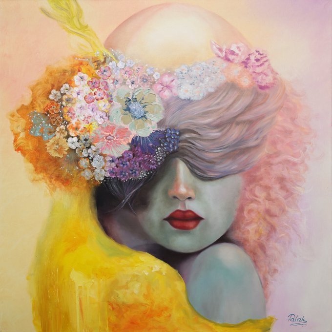 A vibrant, surreal painting of a woman with pale blue skin and red lips, whose eyes are covered by colorful flowers, set against a soft pink and yellow background with the signature 'Palak' in the corner.