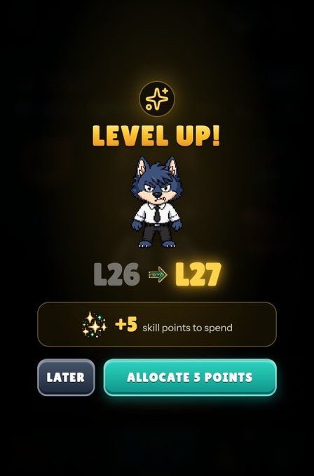 Game level-up screen showing a character advancing from level 26 to 27 with +5 skill points to spend and buttons to allocate points later or now.