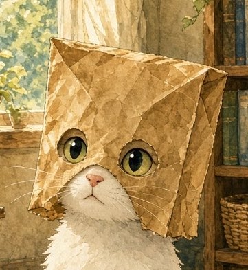 A watercolor illustration shows a white cat with large green eyes wearing a brown paper bag on its head, sitting indoors near a window with greenery and a bookshelf in the background.