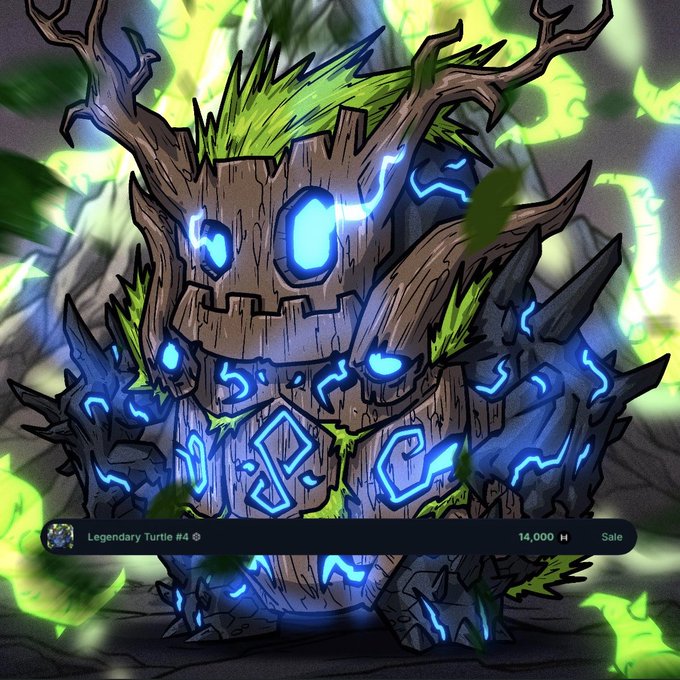 A digital artwork of a 'Legendary Turtle #4' NFT character resembling a wooden tree-creature with glowing blue runes, listed for sale at 14,000 units.