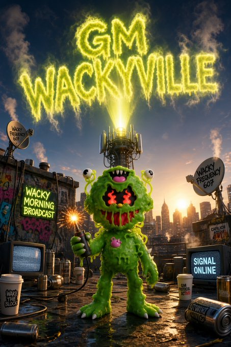 A green slime-covered monster stands on a graffiti-covered rooftop holding a sparkler, with a glowing "GM WACKYVILLE" sign in the sky, "WACKY MORNING BROADCAST" and "SIGNAL ONLINE" displays nearby, and scattered beverage cans including "WAKEY THE CLOUDS" on the ground—a stylized Good Morning greeting that mirrors the post's "GM."