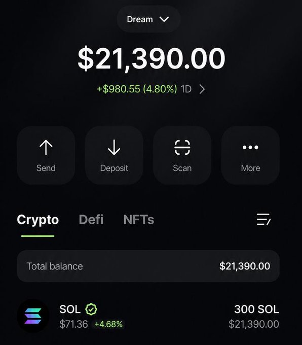 The image shows a phone screen displaying an information panel for Crypto DeFi NFTs with its current value of $21,390. The words "Crypto" are visible as well as an icon depicting a digital token. The background is black, providing contrast and making it easy to read the details on the screen. In the image description provided by the post, the main focus is on the crypto market with a price of $71 for this particular token.