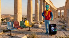 Surreal AI image of a frog wearing a vest standing on ancient Greek temple columns with colorful modern chairs and a sculpture of a Bitcoin cube.