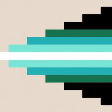 A pixel art sunset featuring horizontal bands of black, dark green, teal, and white on a beige background.