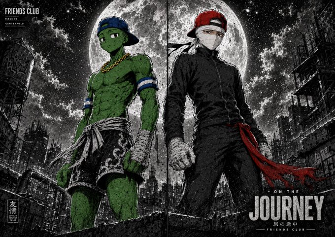 The image shows a stylized manga/anime-style illustration featuring two figures standing back-to-back against a large moon: a green-skinned character wearing a blue cap and gold chain on the left, and a masked figure in a red cap and dark clothing on the right, with the text "ON THE JOURNEY" and "FRIENDS CLUB" visible. The artwork's themes of rebellion, sovereignty, and digital freedom align with the post's message about Bitcoin and financial independence, with the "Friends Club" branding appearing in the corner as a publication credit.