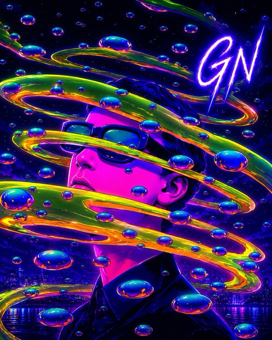 The image features an illustration of a person wearing sunglasses, surrounded by bubbles that are floating around them. The bubbles appear to be glowing with different colors, creating a vibrant and surreal atmosphere. The background of the image is dark blue, which contrasts with the colorful bubbles and the person's attire. The caption below the image reads: "Good night everyone! Most people know @quipnetwork for its post-quantum security work. But that feels like only one piece of the bigger picture."