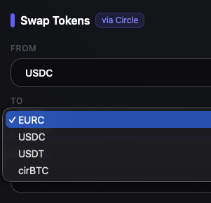 A token swap interface via Circle, showing USDC being swapped from to options including EURC (selected), USDC, USDT, or cirBTC.