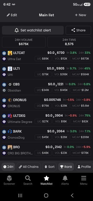 A cryptocurrency tracking app screenshot showing a watchlist with tokens including ULTCAT, ULTI, OBS, CRONUS, ULTDEG, BARK, and BRO with their 24h volume and price changes.