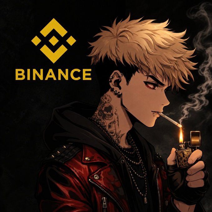An anime-style illustration shows a tattooed character with blond hair, red eyes, and a red leather jacket lighting a cigarette, alongside the Binance logo and "BINANCE" text, reflecting the post's nostalgic reflection on the crypto exchange's 9-year growth journey.