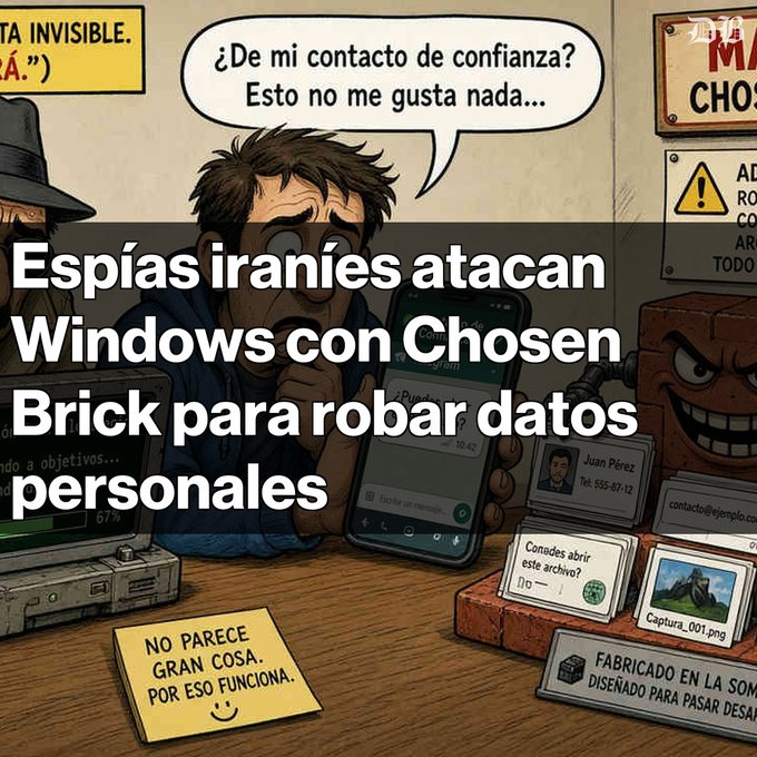 A cartoon illustration of a man looking suspiciously at his phone, overlaid with Spanish text: 'Espías iraníes atacan Windows con Chosen Brick para robar datos personales'.
