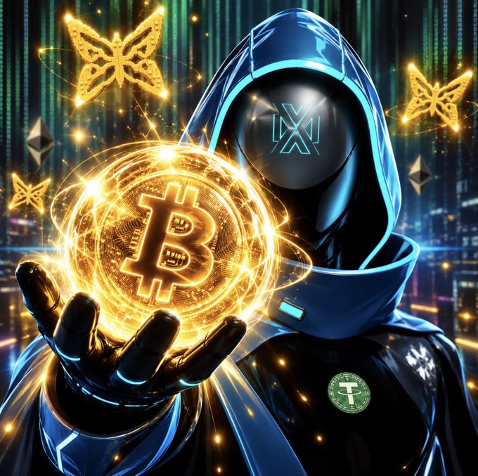 A digital illustration of a futuristic figure in a hooded jacket holding a glowing, holographic Bitcoin, accompanied by golden butterflies and a Tether (USDT) badge on its chest.