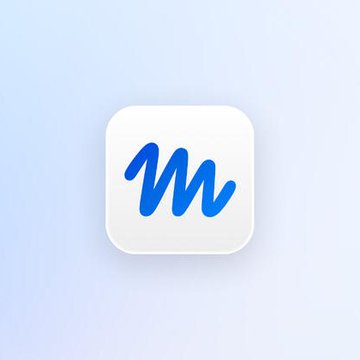 A square white app icon featuring a stylized blue cursive 'M' logo on a light blue background.