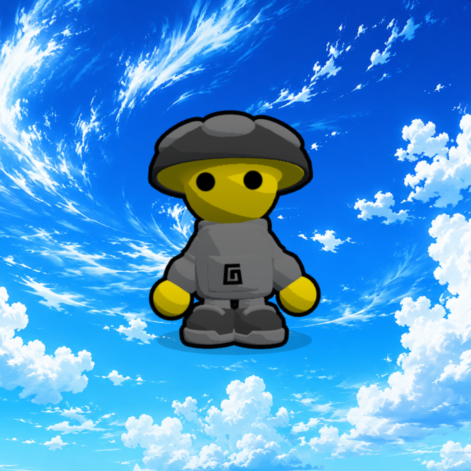 A cartoon-style digital illustration of a yellow character wearing a gray hoodie and black cap, floating against a dramatic blue sky with wispy white clouds.