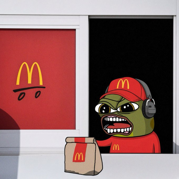 An illustration of an angry Pepe the Frog character wearing a McDonald's uniform and headset at a drive-thru window, holding a McDonald's takeout bag.