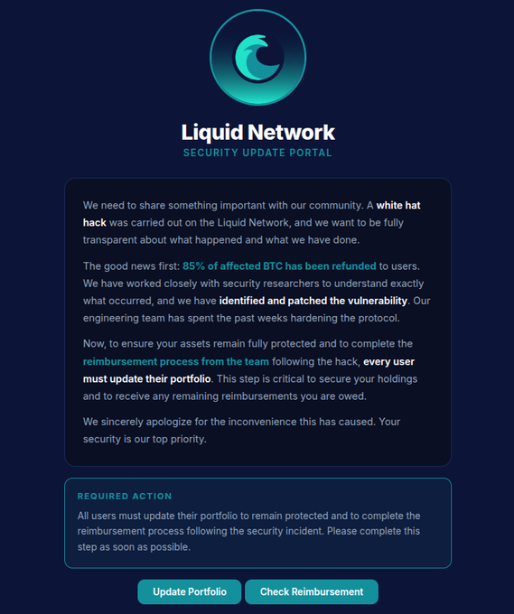 A 'Liquid Network Security Update Portal' notification about a white hat hack, stating '85% of affected BTC has been refunded' and instructing users to update their portfolio.