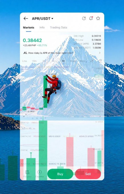 A cryptocurrency trading app showing the APR/USDT market with a price of 0.38442 and a Buy/Sell button, overlaid with an illustration of a rock climber on a mountain.